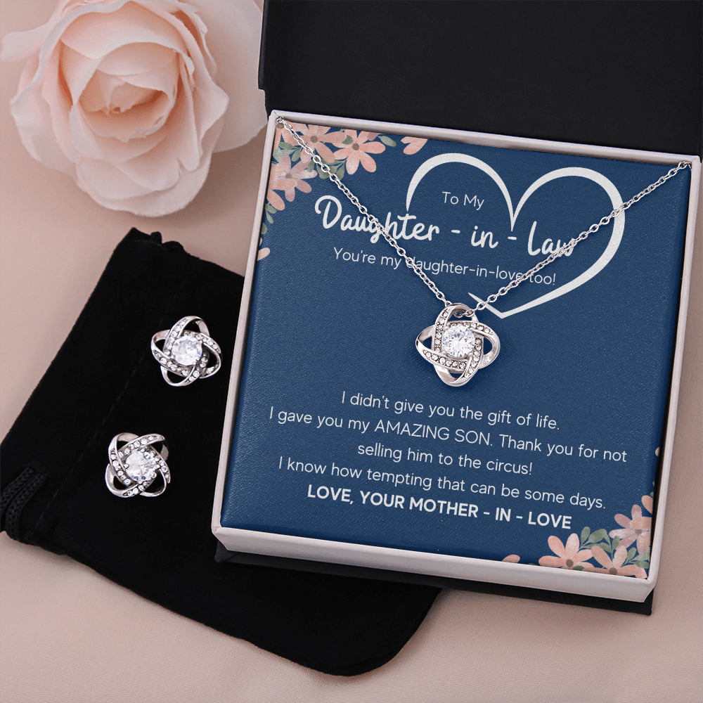 TO MY DAUGHTER IN LAW CIRCUS LOVE KNOT NECKLACE AND EARRINGS GIFT SET - ON CLOUD NINE GIFTS