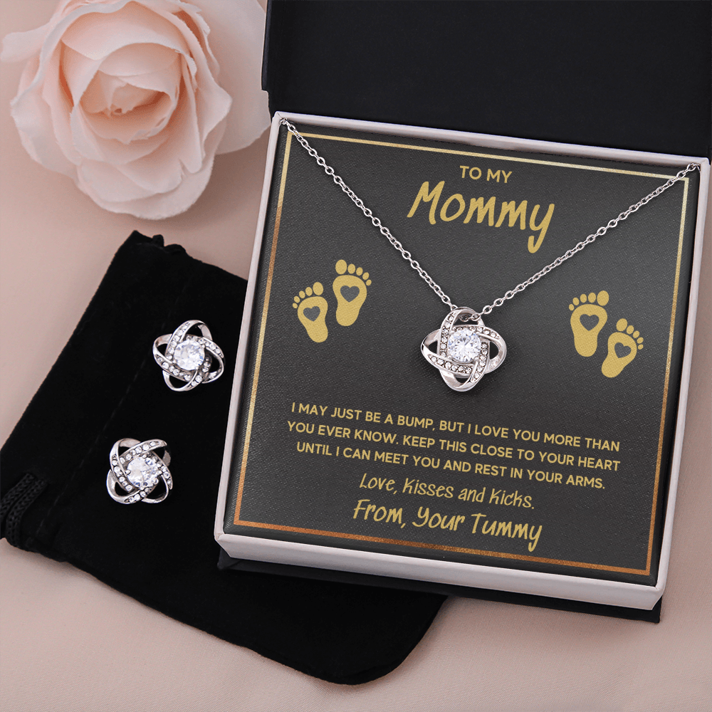 BABY FEET GOLD LOVE KNOT NECKLACE AND EARRINGS GIFT SET - ON CLOUD NINE GIFTS