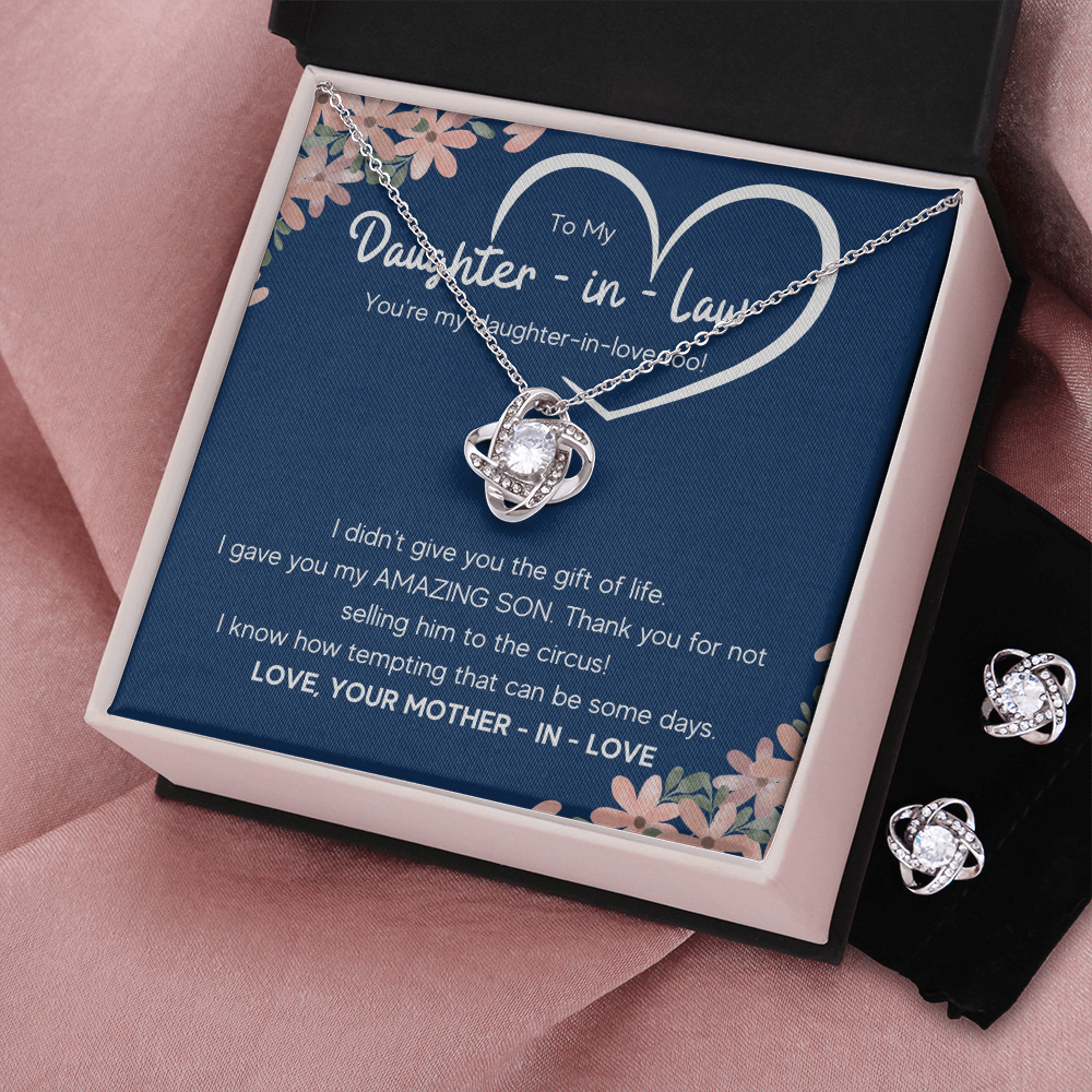 TO MY DAUGHTER IN LAW CIRCUS LOVE KNOT NECKLACE AND EARRINGS GIFT SET - ON CLOUD NINE GIFTS