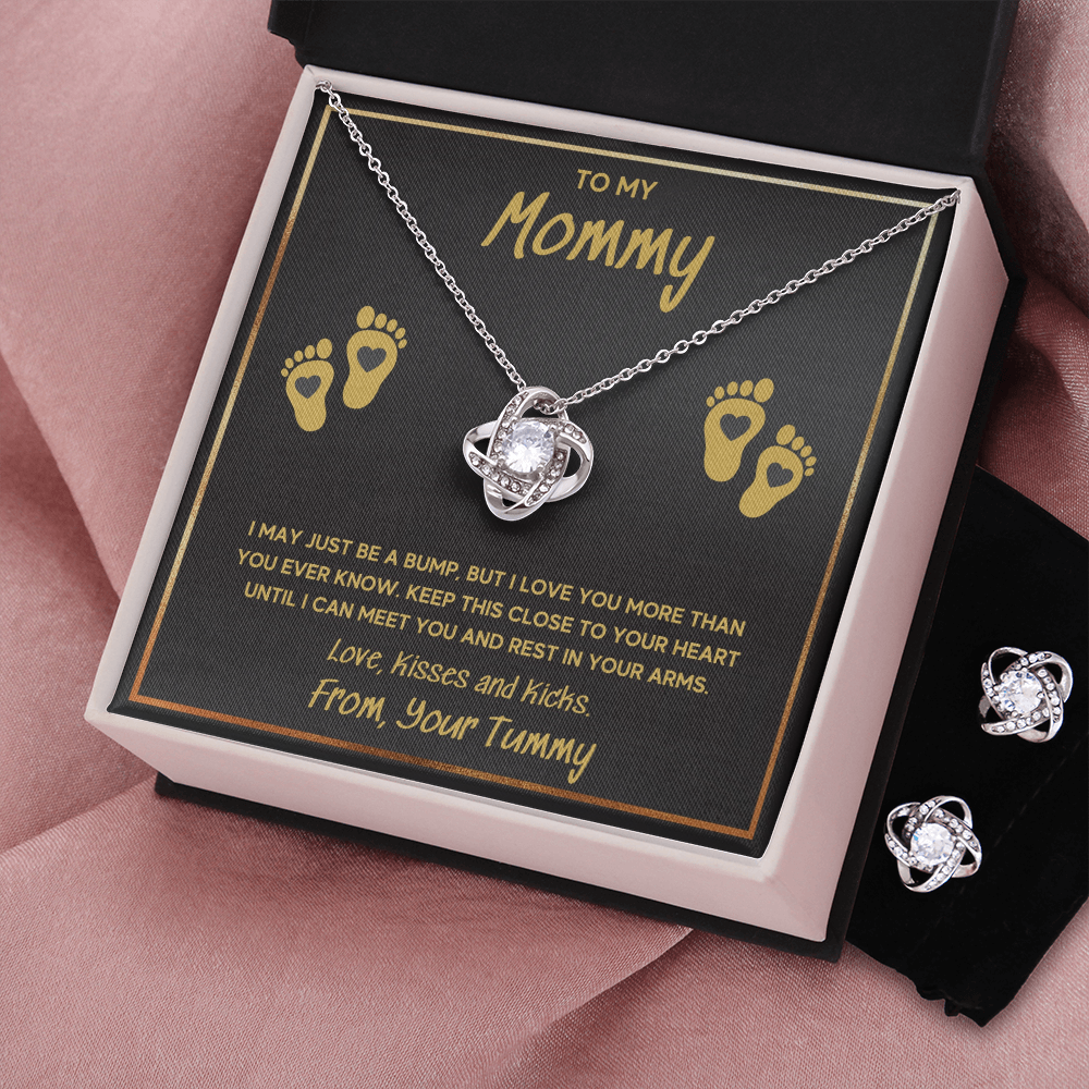 BABY FEET GOLD LOVE KNOT NECKLACE AND EARRINGS GIFT SET - ON CLOUD NINE GIFTS