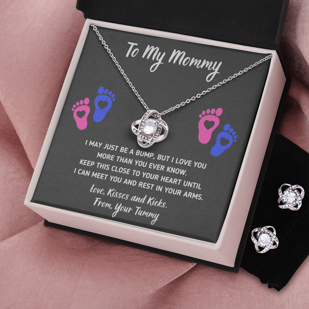TO MY MOMMY BABY FEET LOVE KNOT NECKLACE AND EARRINGS GIFT SET - ON CLOUD NINE GIFTS