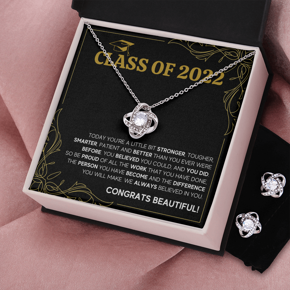 CLASS OF 2022 LOVE KNOT NECKLACE AND EARRINGS GIFT SET - ON CLOUD NINE GIFTS