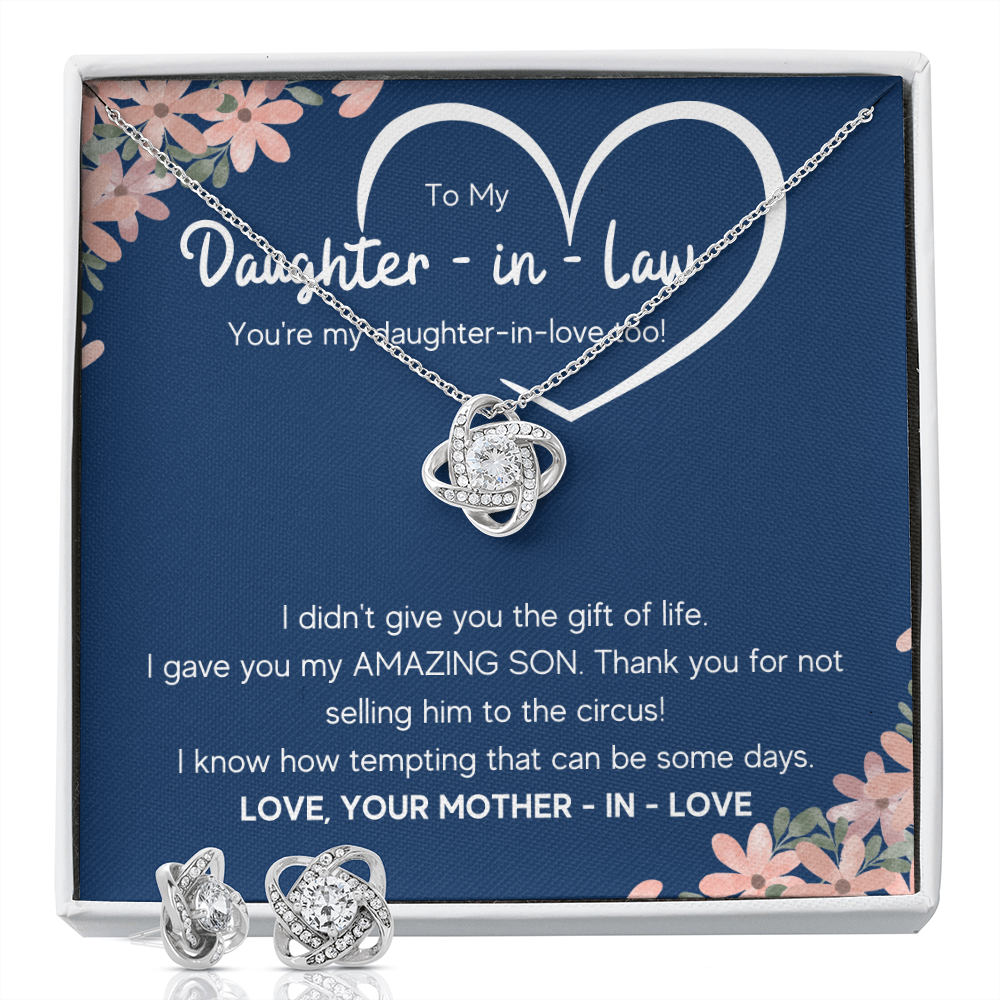 TO MY DAUGHTER IN LAW CIRCUS LOVE KNOT NECKLACE AND EARRINGS GIFT SET - ON CLOUD NINE GIFTS