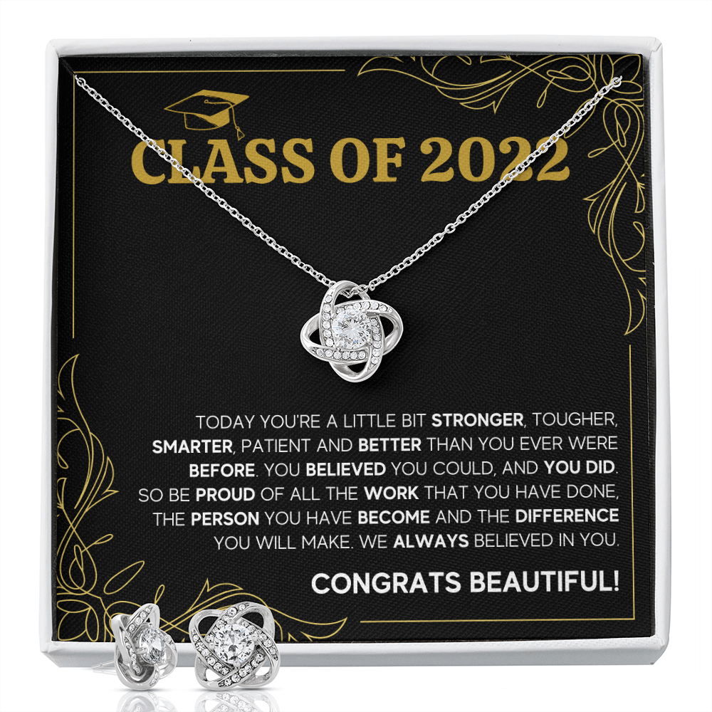CLASS OF 2022 LOVE KNOT NECKLACE AND EARRINGS GIFT SET - ON CLOUD NINE GIFTS