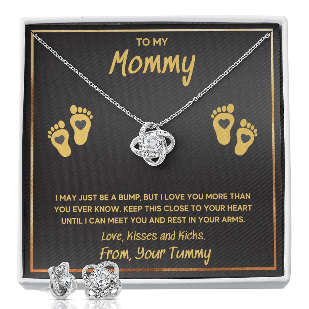 BABY FEET GOLD LOVE KNOT NECKLACE AND EARRINGS GIFT SET - ON CLOUD NINE GIFTS