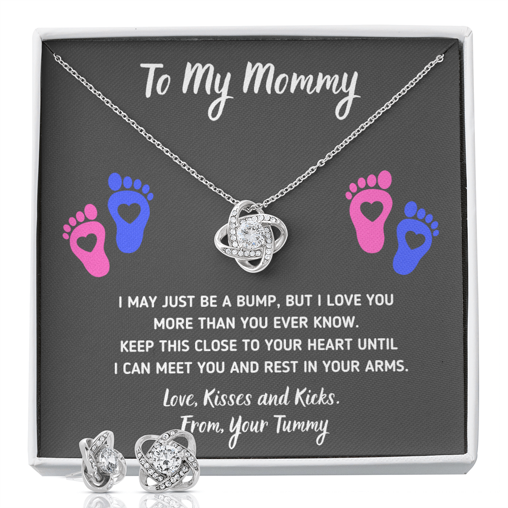 TO MY MOMMY BABY FEET LOVE KNOT NECKLACE AND EARRINGS GIFT SET - ON CLOUD NINE GIFTS