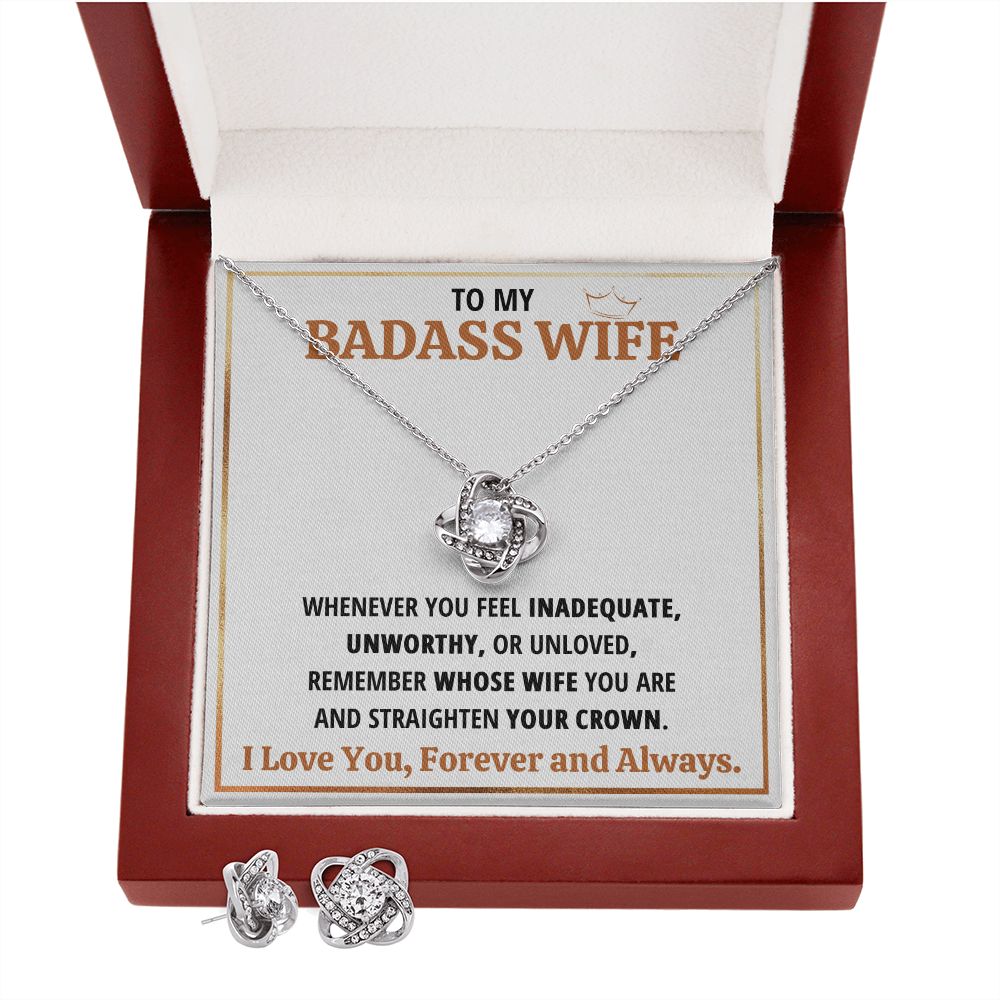 TO MY BADASS WIFE LOVE KNOT EARRING NECKLACE GIFT SET - ON CLOUD NINE GIFTS
