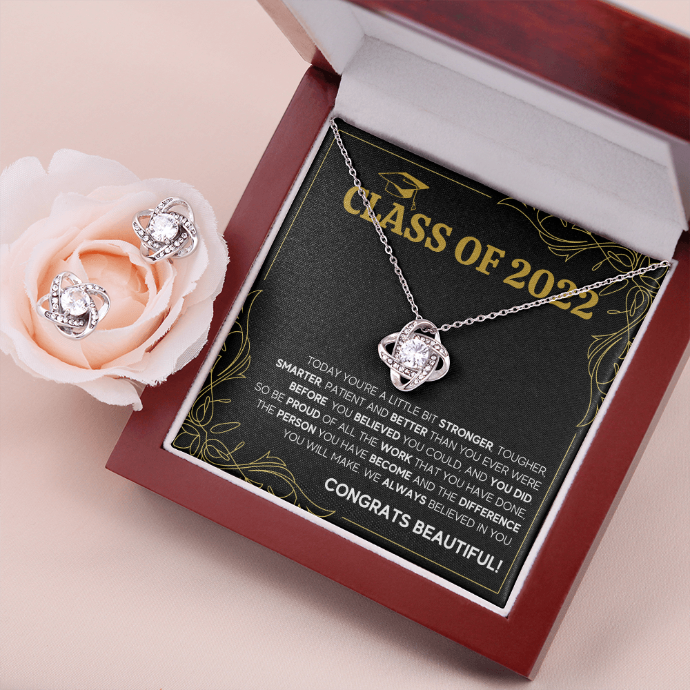 CLASS OF 2022 LOVE KNOT NECKLACE AND EARRINGS GIFT SET - ON CLOUD NINE GIFTS