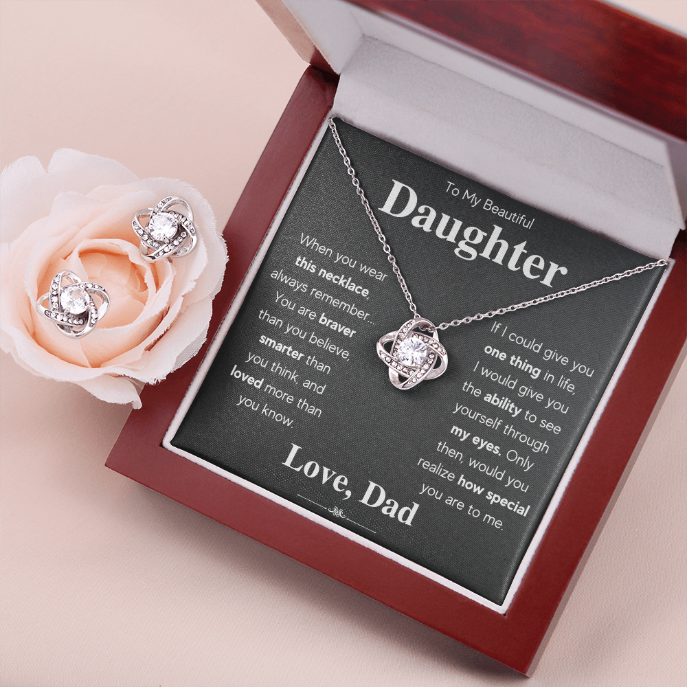 TO MY DAUGHTER EYES LOVE KNOT NECKLACE AND EARRINGS GIFT SET - ON CLOUD NINE GIFTS