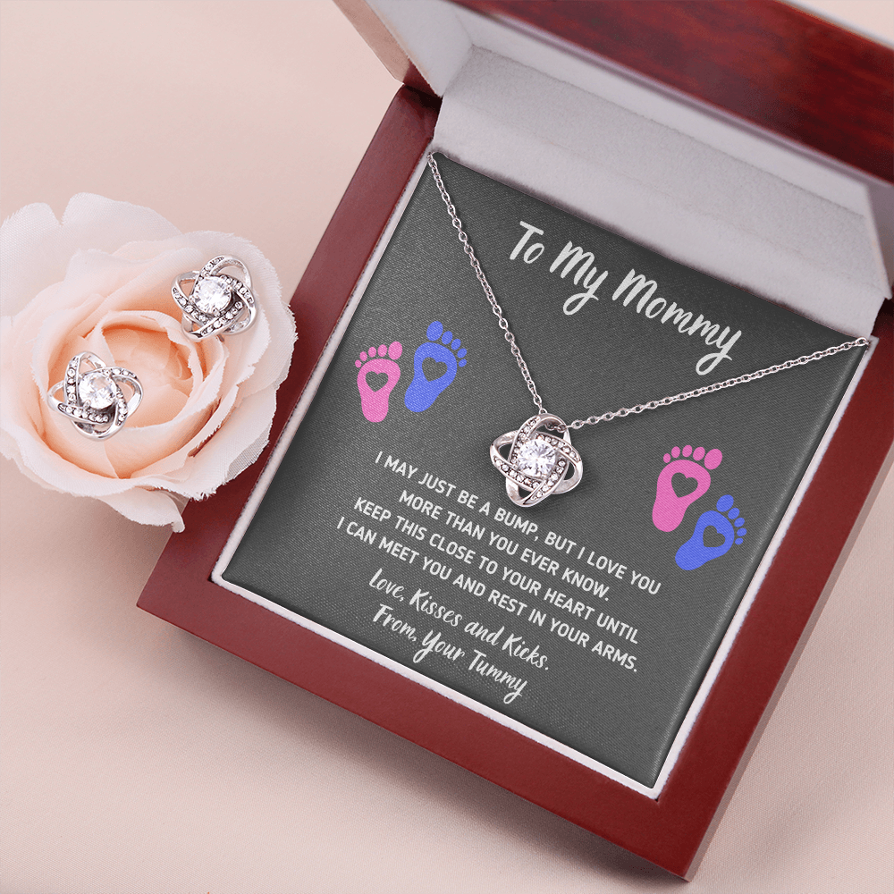 TO MY MOMMY BABY FEET LOVE KNOT NECKLACE AND EARRINGS GIFT SET - ON CLOUD NINE GIFTS