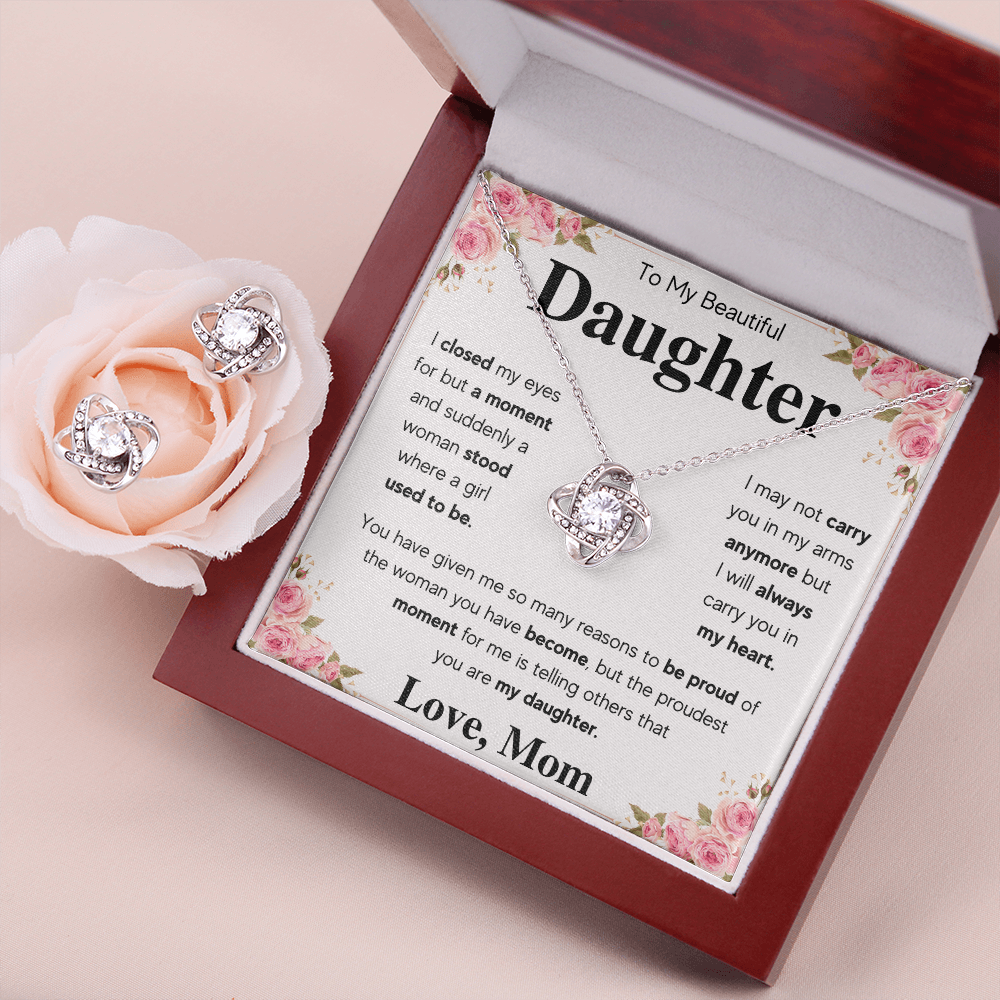 TO MY DAUGHTER PROUD LOVE KNOT NECKLACE AND EARRINGS GIFT SET - ON CLOUD NINE GIFTS
