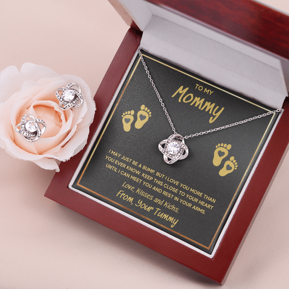 BABY FEET GOLD LOVE KNOT NECKLACE AND EARRINGS GIFT SET - ON CLOUD NINE GIFTS