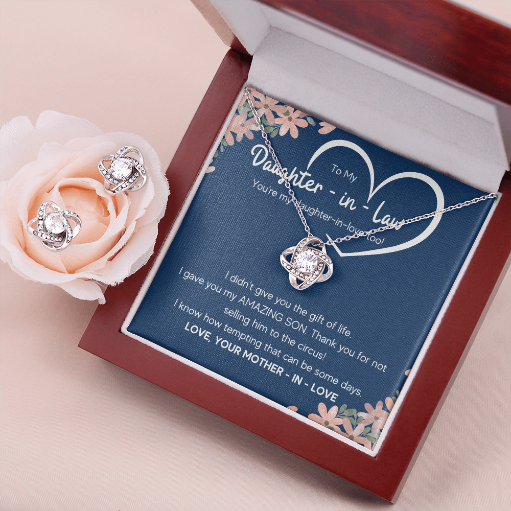 TO MY DAUGHTER IN LAW CIRCUS LOVE KNOT NECKLACE AND EARRINGS GIFT SET - ON CLOUD NINE GIFTS