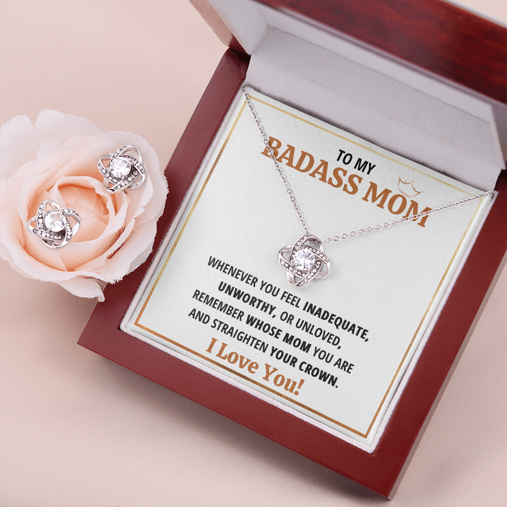 TO MY MOM BADASS MOM CROWN LOVE KNOT NECKLACE AND EARRINGS GIFT SET - ON CLOUD NINE GIFTS