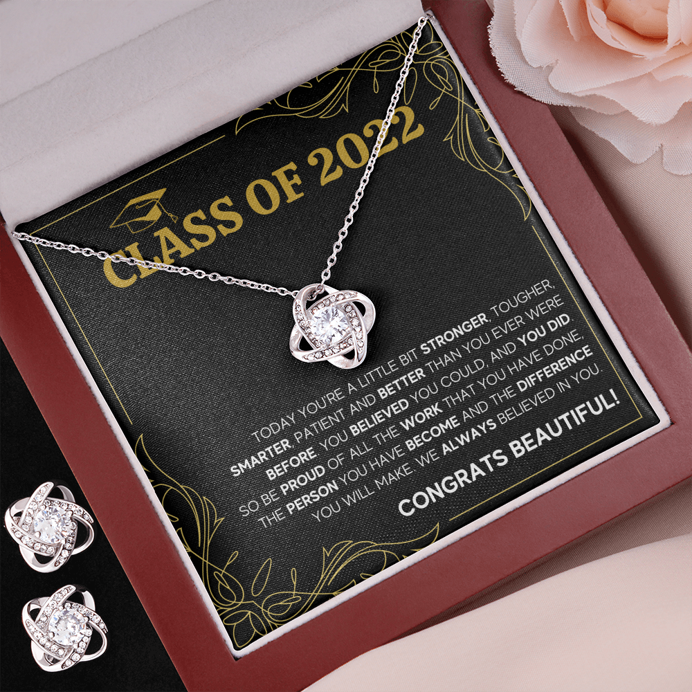 CLASS OF 2022 LOVE KNOT NECKLACE AND EARRINGS GIFT SET - ON CLOUD NINE GIFTS
