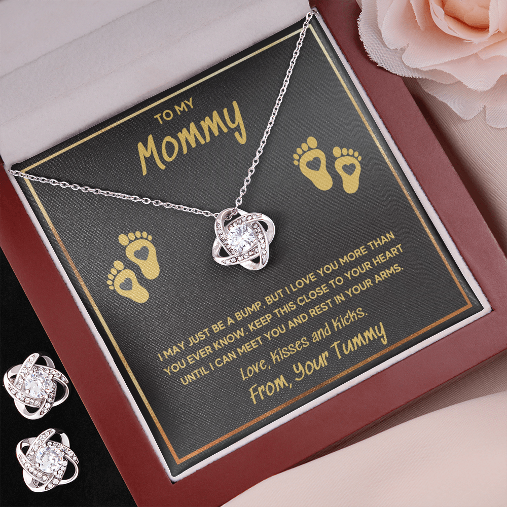 BABY FEET GOLD LOVE KNOT NECKLACE AND EARRINGS GIFT SET - ON CLOUD NINE GIFTS