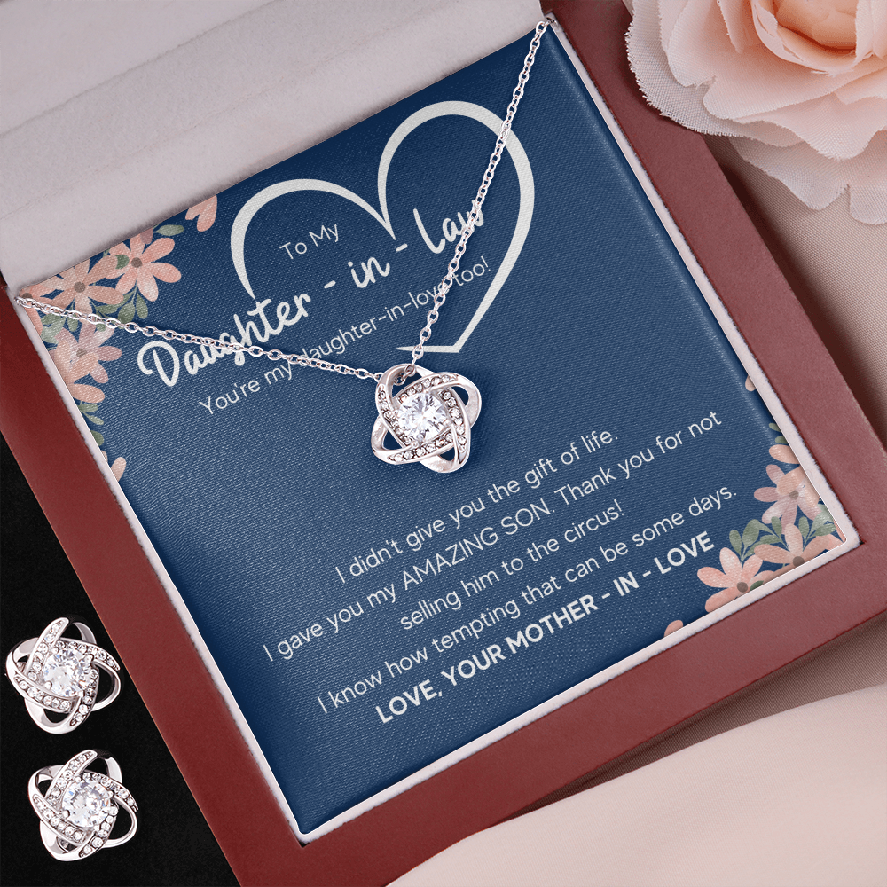 TO MY DAUGHTER IN LAW CIRCUS LOVE KNOT NECKLACE AND EARRINGS GIFT SET - ON CLOUD NINE GIFTS