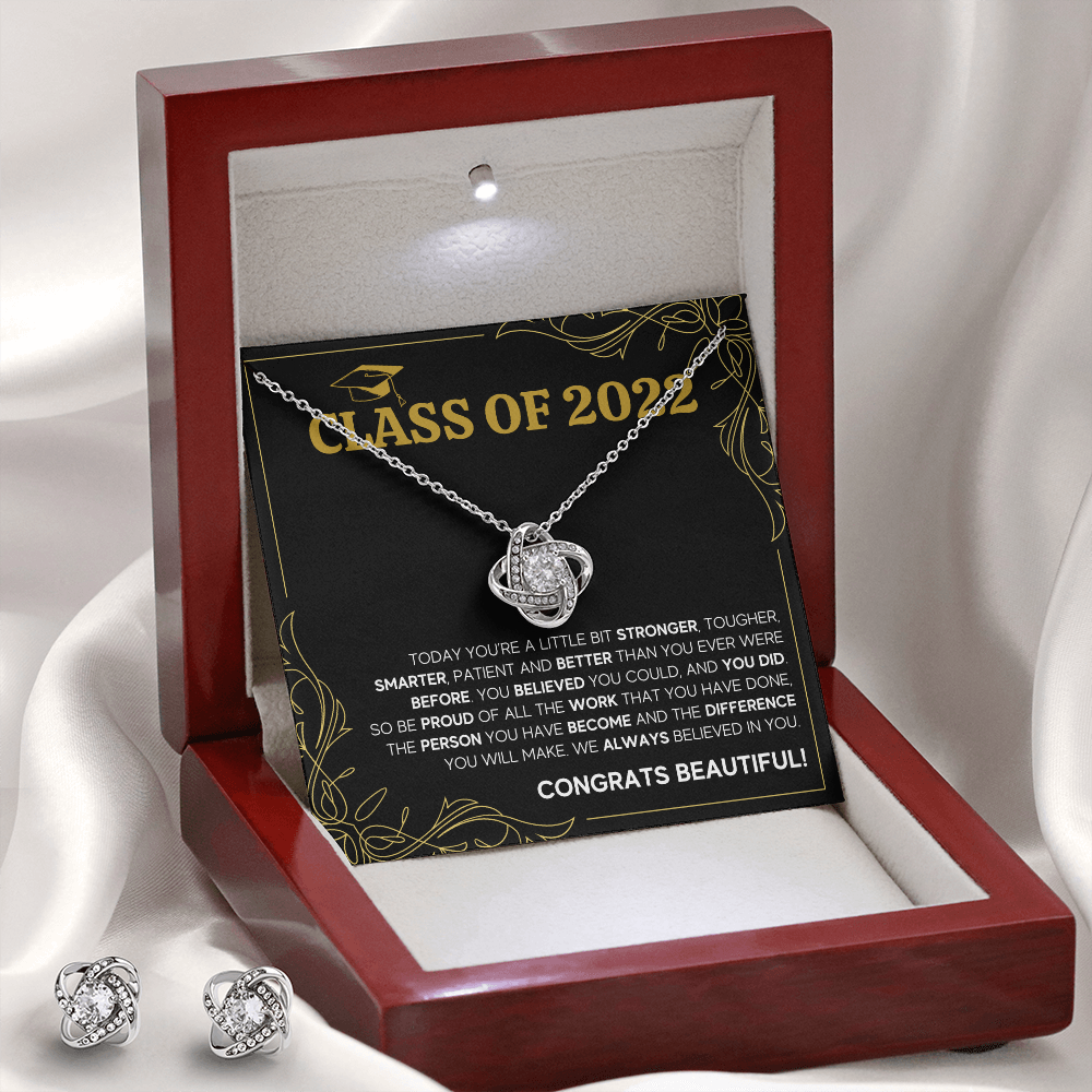 CLASS OF 2022 LOVE KNOT NECKLACE AND EARRINGS GIFT SET - ON CLOUD NINE GIFTS