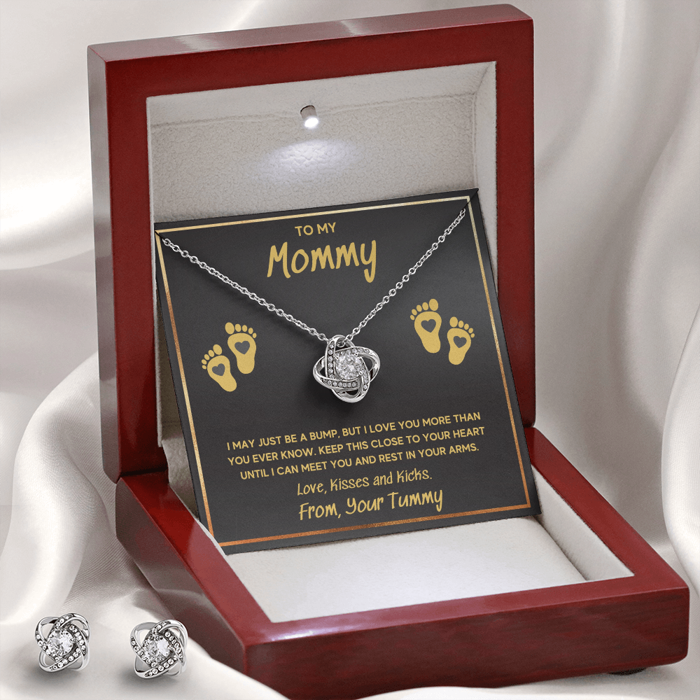 BABY FEET GOLD LOVE KNOT NECKLACE AND EARRINGS GIFT SET - ON CLOUD NINE GIFTS