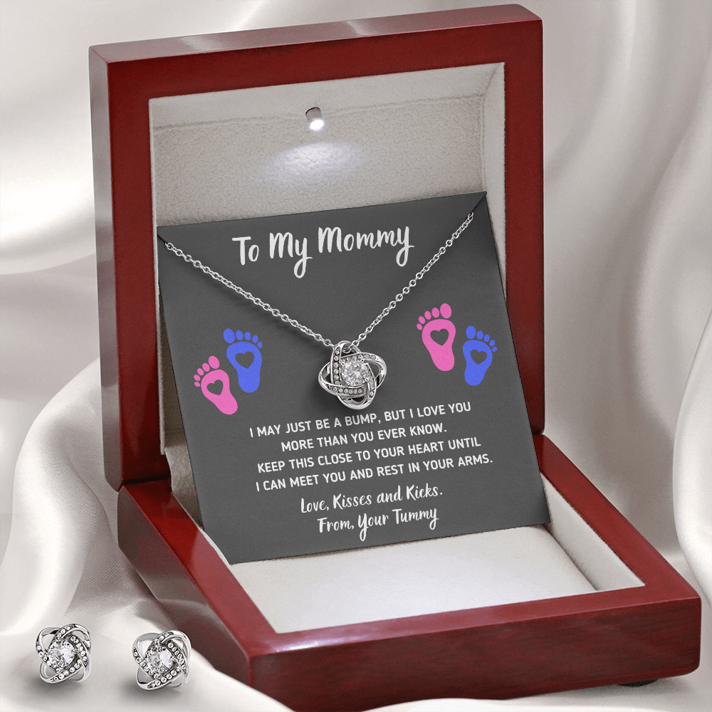 TO MY MOMMY BABY FEET LOVE KNOT NECKLACE AND EARRINGS GIFT SET - ON CLOUD NINE GIFTS