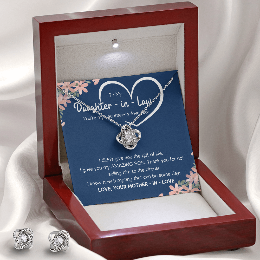 TO MY DAUGHTER IN LAW CIRCUS LOVE KNOT NECKLACE AND EARRINGS GIFT SET - ON CLOUD NINE GIFTS