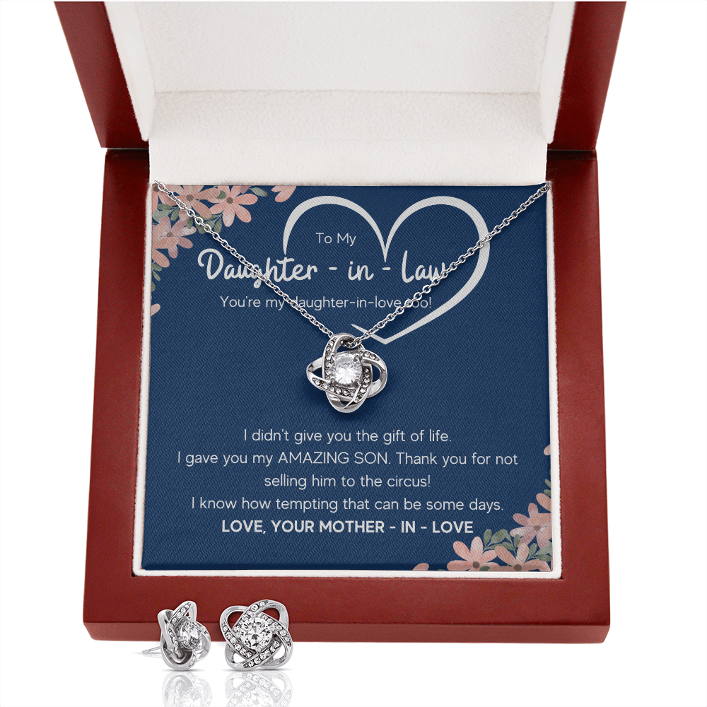 TO MY DAUGHTER IN LAW CIRCUS LOVE KNOT NECKLACE AND EARRINGS GIFT SET - ON CLOUD NINE GIFTS