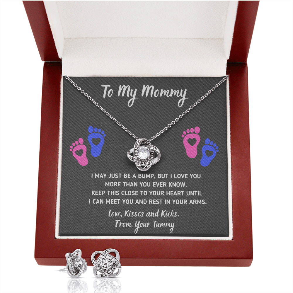 TO MY MOMMY BABY FEET LOVE KNOT NECKLACE AND EARRINGS GIFT SET - ON CLOUD NINE GIFTS
