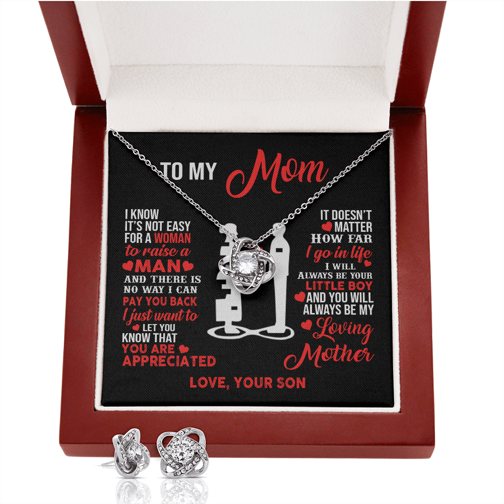 Mother and son necklaces for mothers day gifts for my best mom ever Love Knot Necklace with Earrings birthday jewelry with message card and gift box - ON CLOUD NINE GIFTS