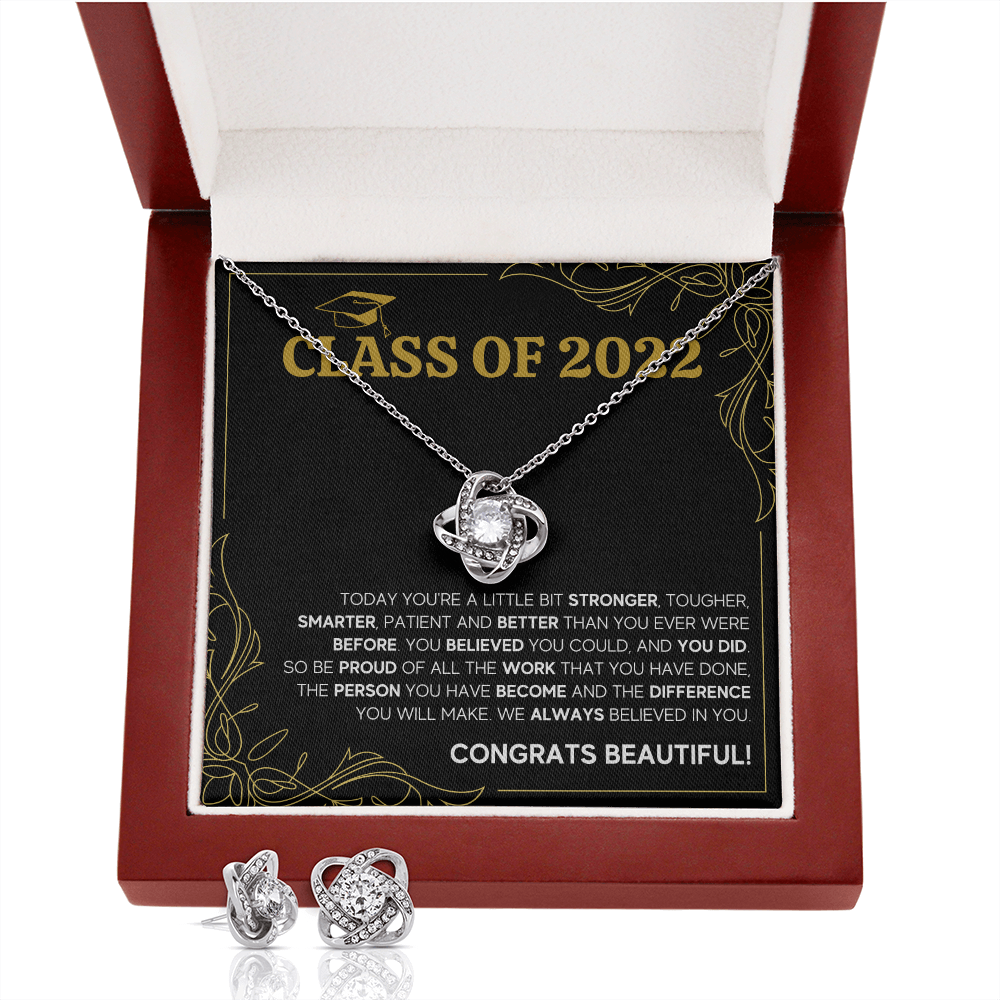 CLASS OF 2022 LOVE KNOT NECKLACE AND EARRINGS GIFT SET - ON CLOUD NINE GIFTS