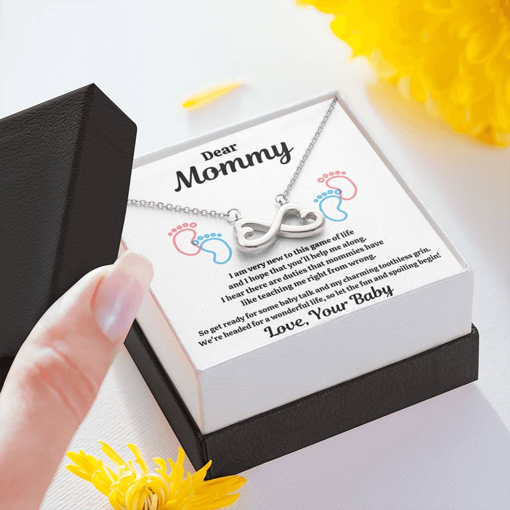 DEAR MOMMY "SPOILING BABY-FEET WHITE" INFINITY NECKLACE GIFT SET - ON CLOUD NINE GIFTS
