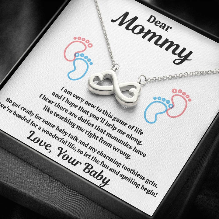 DEAR MOMMY "SPOILING BABY-FEET WHITE" INFINITY NECKLACE GIFT SET - ON CLOUD NINE GIFTS