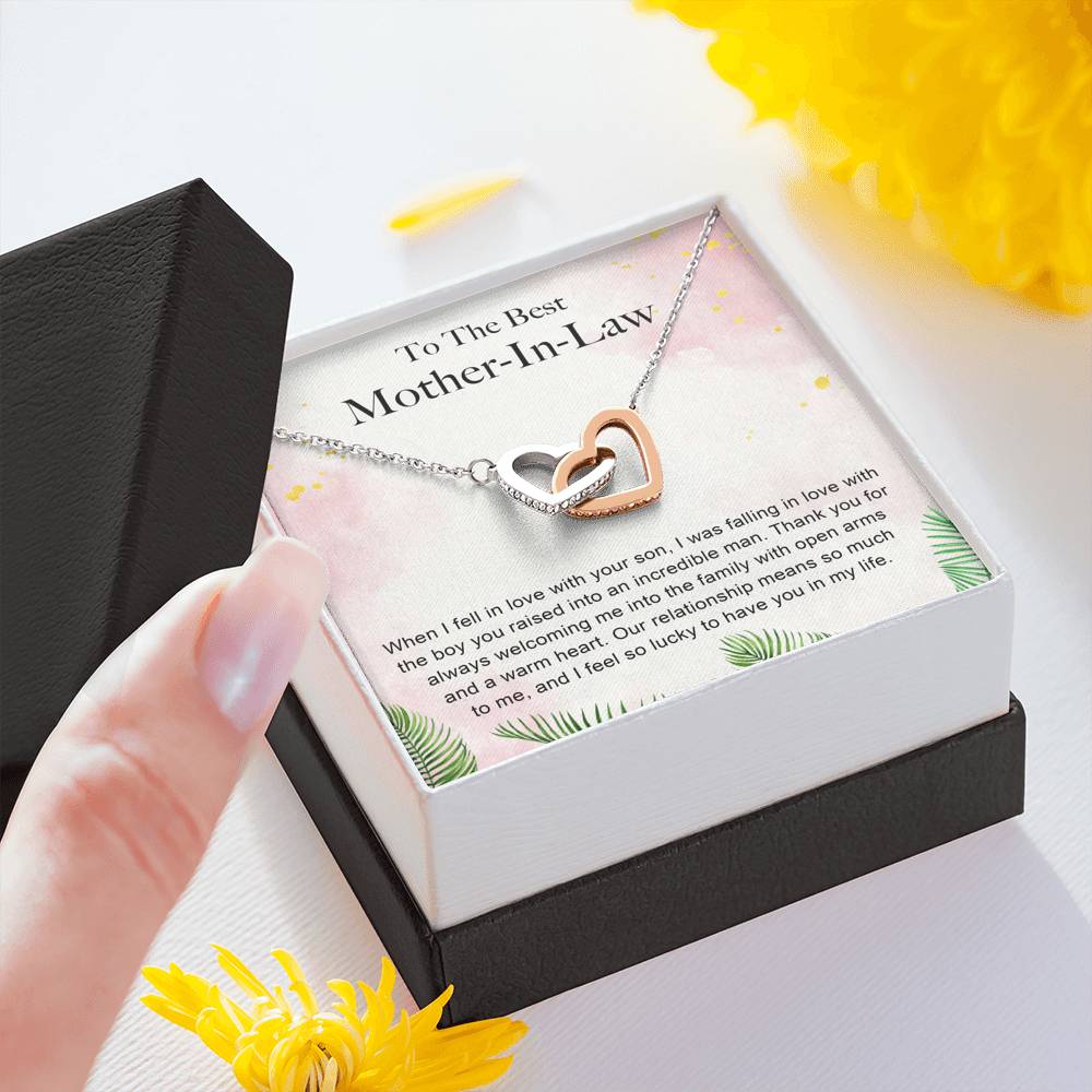 TO THE BEST MOTHER IN LAW "WARM HEART-PB" INTERLOCKING HEARTS NECKLACE GIFT SET - ON CLOUD NINE GIFTS