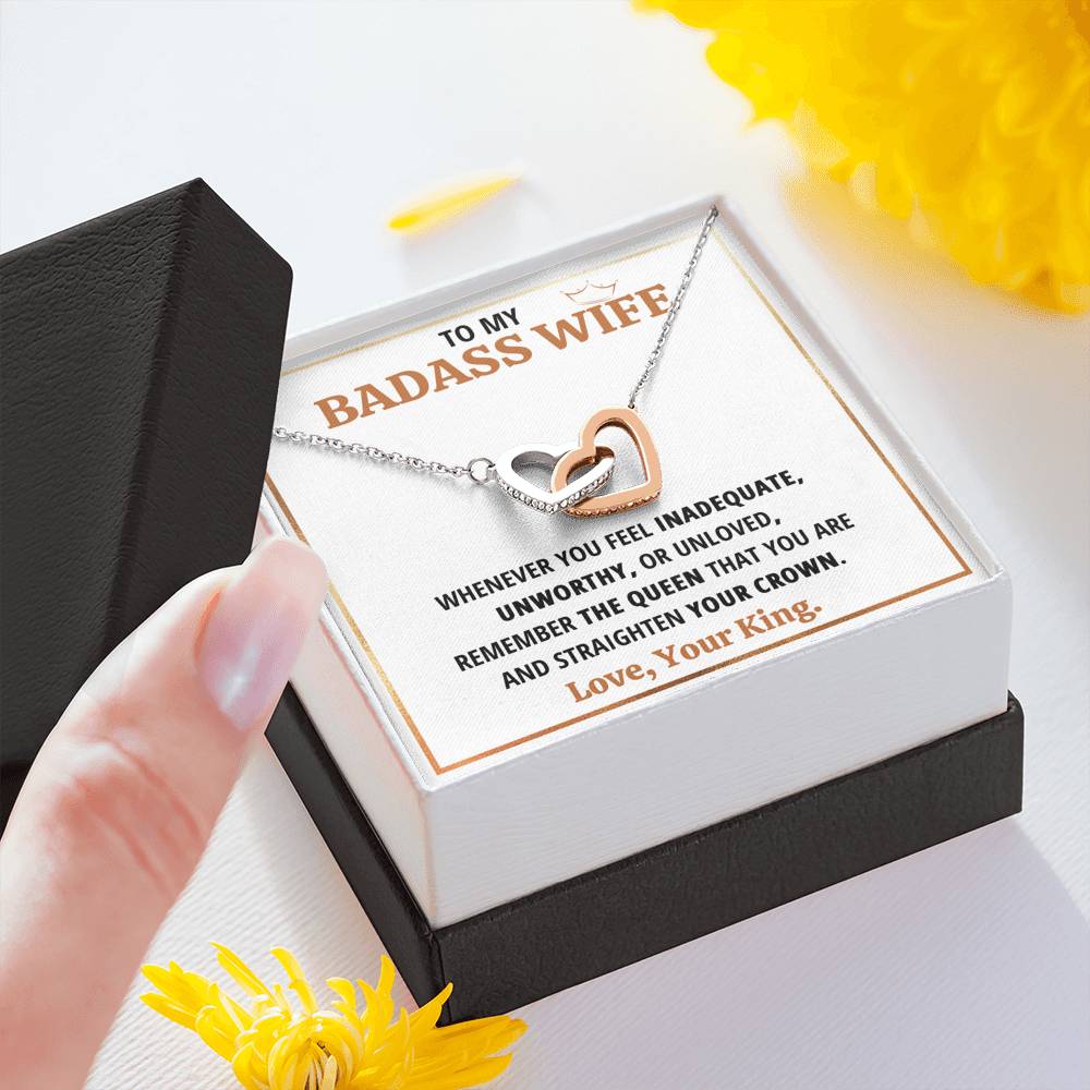 TO MY BADASS WIFE QUEEN INTERLOCKING HEARTS NECKLACE GIFT SET - ON CLOUD NINE GIFTS