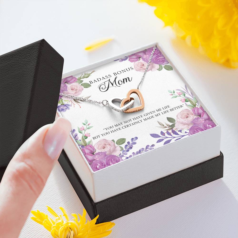 TO MY BADASS BONUS MOM "LIFE-SO" INTERLOCKING HEARTS NECKLACE GIFT SET - ON CLOUD NINE GIFTS