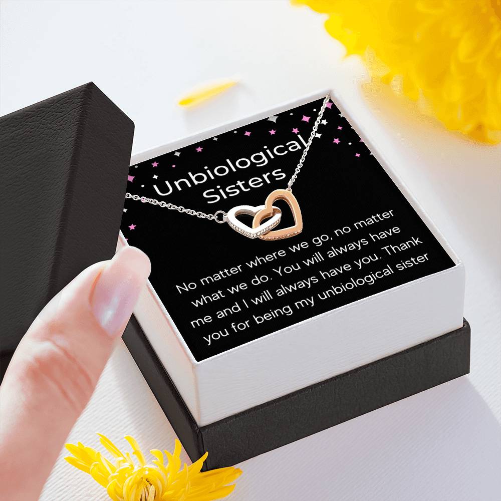 UNBIOLOGICAL SISTERS "NO MATTER WHERE WE GO" INTERLOCKING HEARTS NECKLACE GIFT SET - ON CLOUD NINE GIFTS