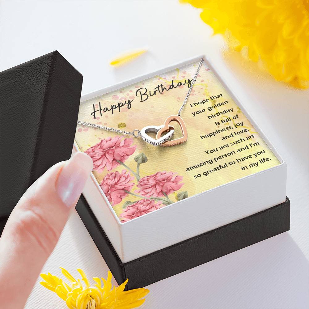 HAPPY BIRTHDAY "GOLDEN" INTERLOCKING HEARTS NECKLACE GIFT SET - ON CLOUD NINE GIFTS