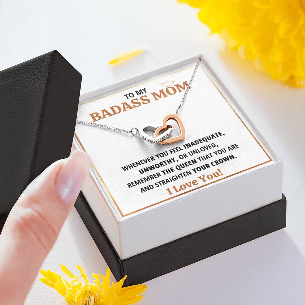 TO MY BADASS MOM QUEEN INTERLOCKING HEARTS NECKLACE GIFT SET - ON CLOUD NINE GIFTS