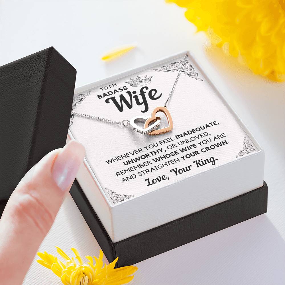 TO MY BADASS WIFE CROWN DECORATION INTERLOCKING HEARTS NECKLACE GIFT SET - ON CLOUD NINE GIFTS