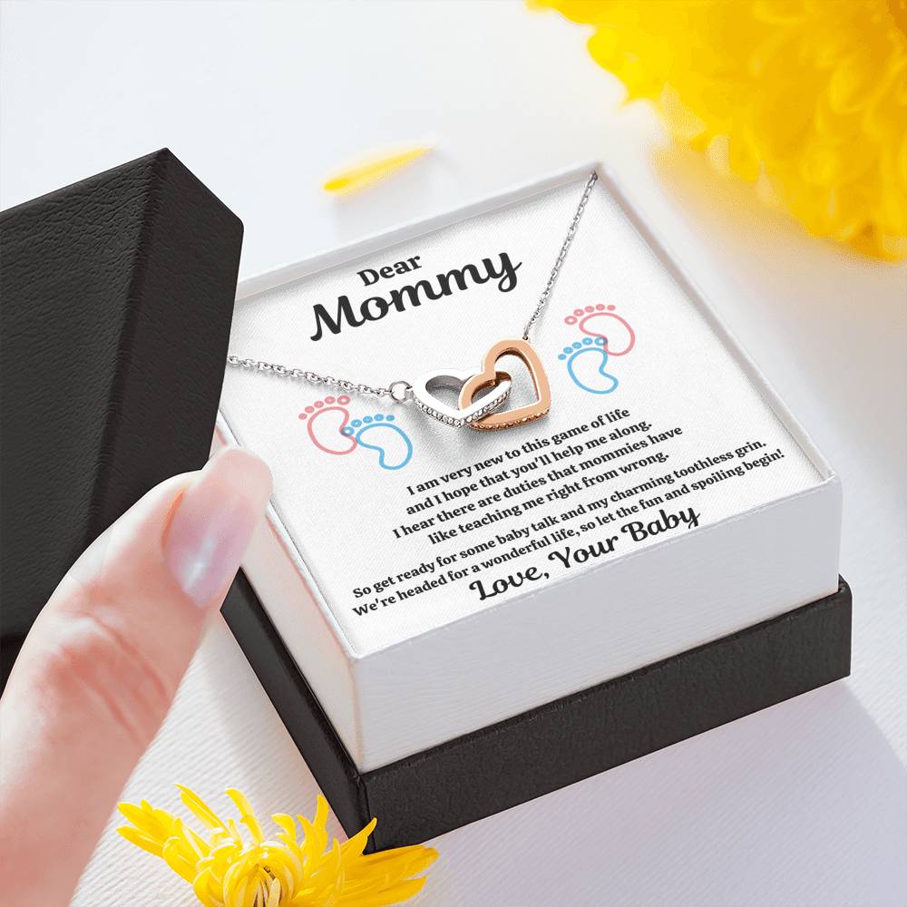 DEAR MOMMY "SPOILING BABY-FEET WHITE" INTERLOCKING HEARTS NECKLACE GIFT SET - ON CLOUD NINE GIFTS