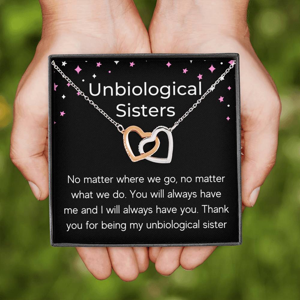 UNBIOLOGICAL SISTERS "NO MATTER WHERE WE GO" INTERLOCKING HEARTS NECKLACE GIFT SET - ON CLOUD NINE GIFTS