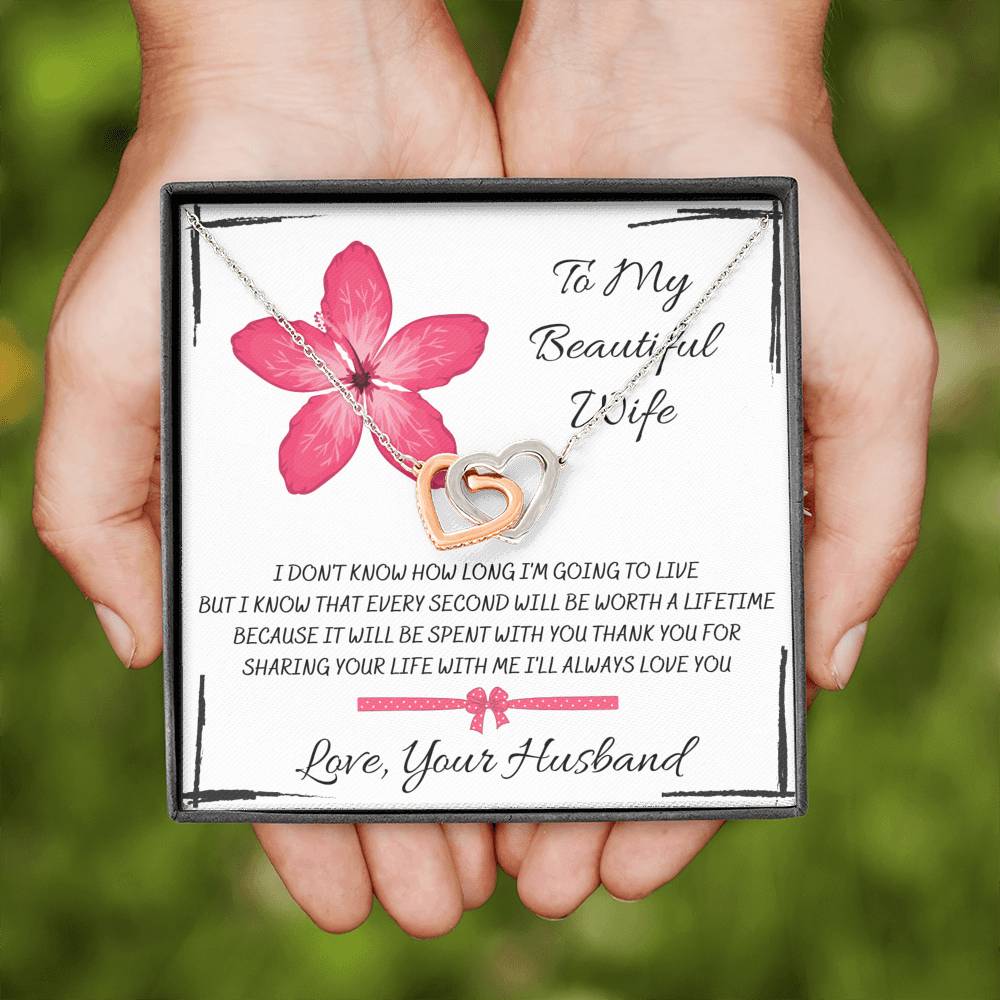 TO MY BEAUTIFUL WIFE "EVERY SECOND" INTERLOCKING HEARTS NECKLACE GIFT SET - ON CLOUD NINE GIFTS