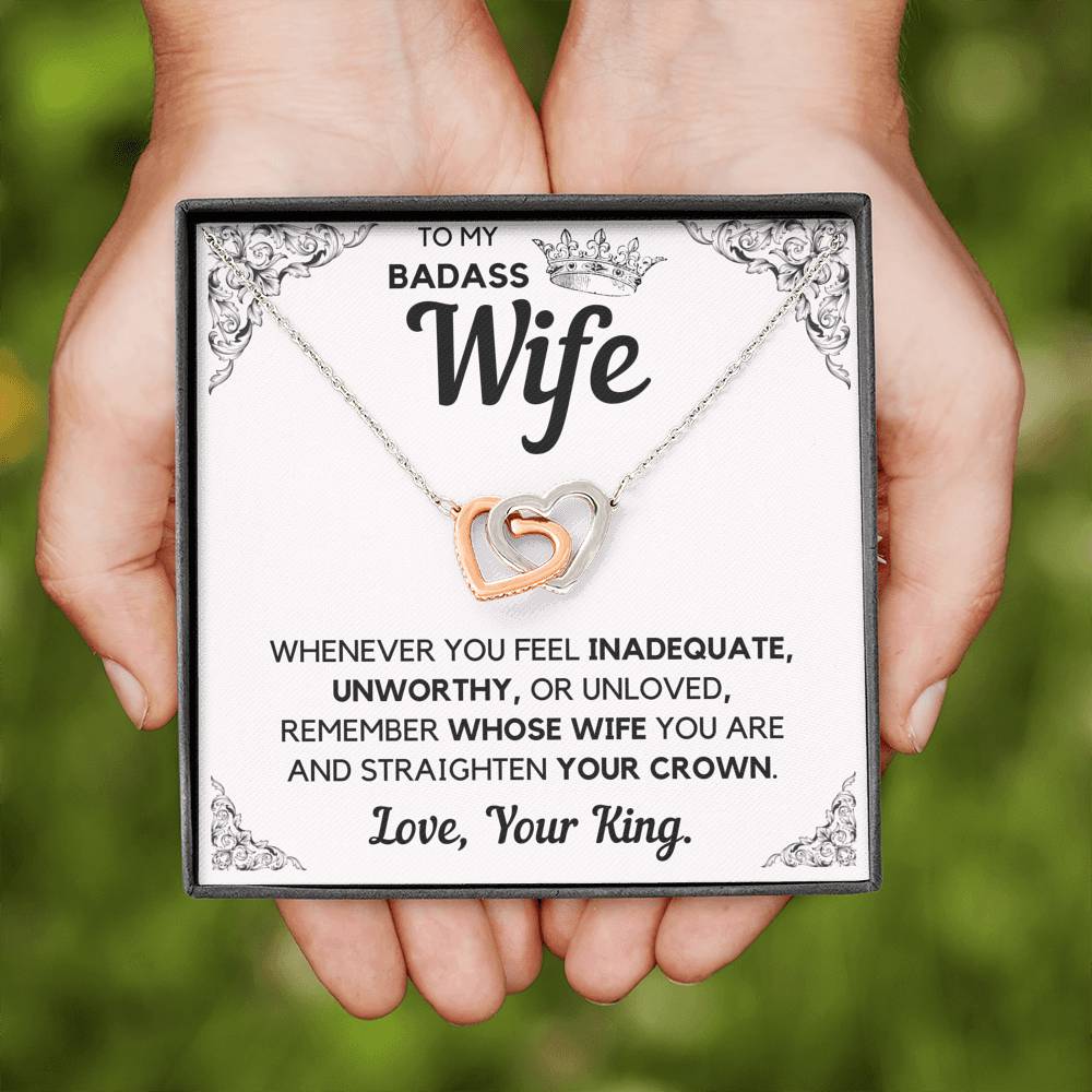 TO MY BADASS WIFE CROWN DECORATION INTERLOCKING HEARTS NECKLACE GIFT SET - ON CLOUD NINE GIFTS