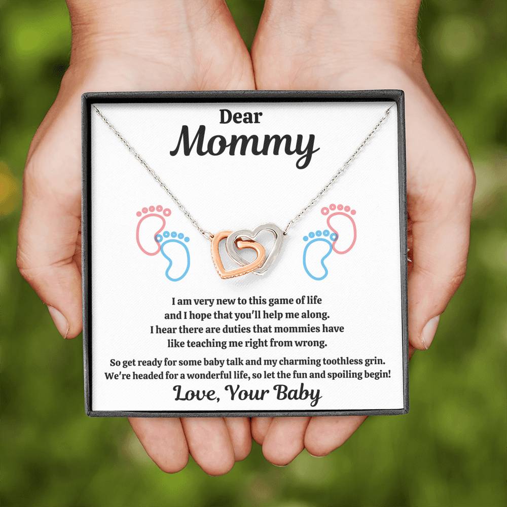 DEAR MOMMY "SPOILING BABY-FEET WHITE" INTERLOCKING HEARTS NECKLACE GIFT SET - ON CLOUD NINE GIFTS
