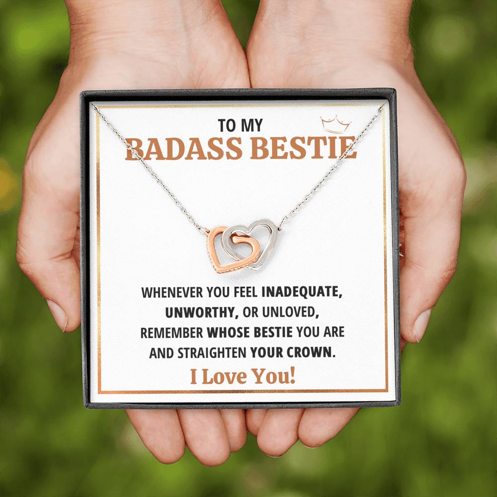 TO MY BADASS BESTIE CROWN INTERLOCKING HEARTS NECKLACE GIFT SET - ON CLOUD NINE GIFTS