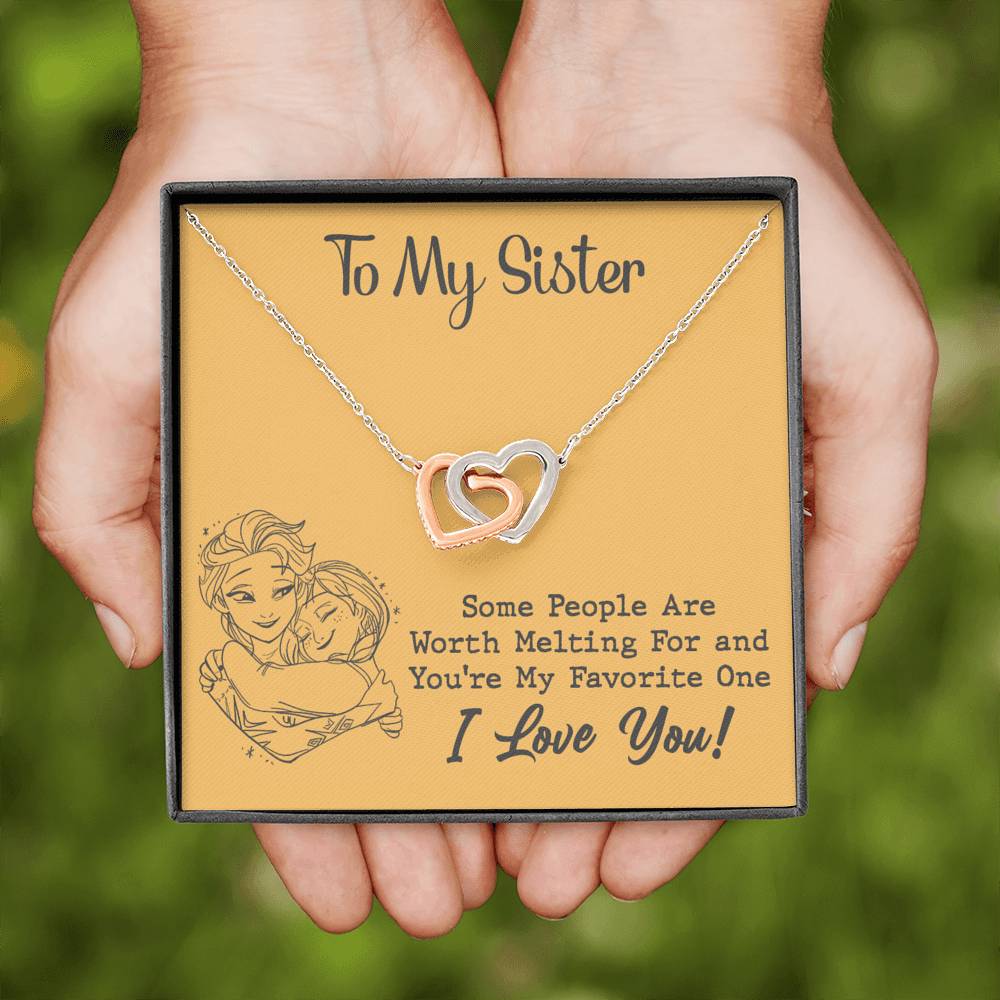TO MY SISTER WORTH MELTING HUG YELLOW INTERLOCKING HEARTS NECKLACE GIFT SET - ON CLOUD NINE GIFTS