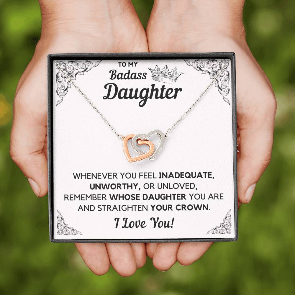 TO MY BADASS DAUGHTER CROWN DECORATION INTERLOCKING HEARTS NECKLACE GIFT SET - ON CLOUD NINE GIFTS
