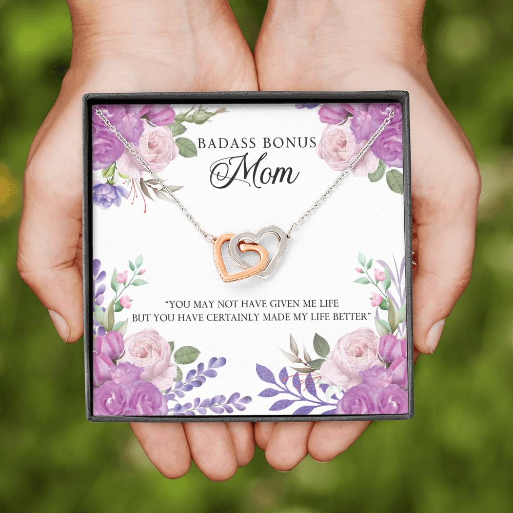 TO MY BADASS BONUS MOM "LIFE-SO" INTERLOCKING HEARTS NECKLACE GIFT SET - ON CLOUD NINE GIFTS
