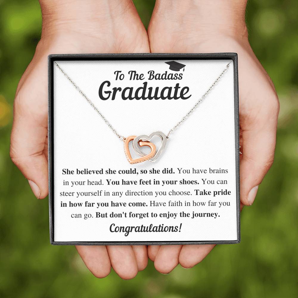 TO THE BADASS GRADUATE SHE DID INTERLOCKING HEARTS NECKLACE GIFT SET - ON CLOUD NINE GIFTS