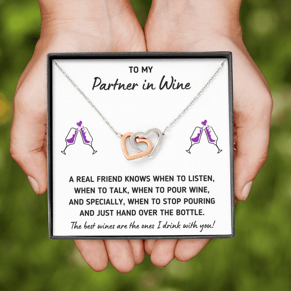 TO MY PARTNER IN WINE "HAND OVER THE BOTTLE" INTERLOCKING HEARTS NECKLACE GIFT SET - ON CLOUD NINE GIFTS