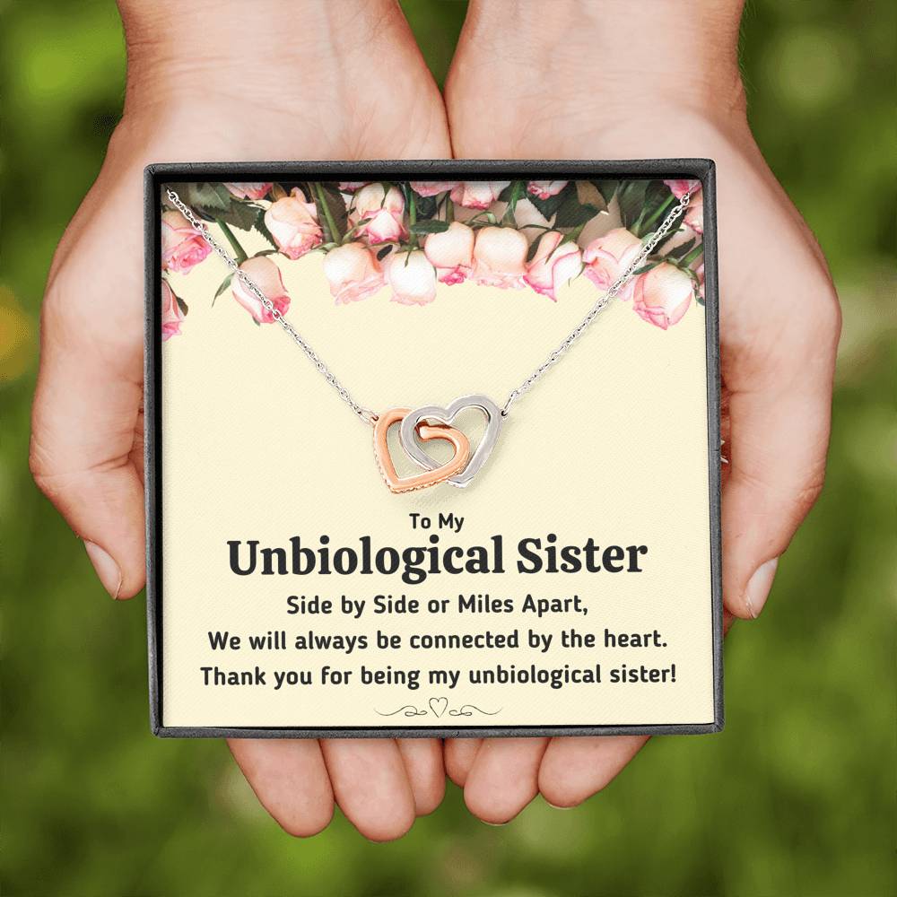 TO MY UNBIOLOGICAL SISTER "CONNECTED BY THE HEART" INTERLOCKING HEARTS NECKLACE GIFT SET - ON CLOUD NINE GIFTS